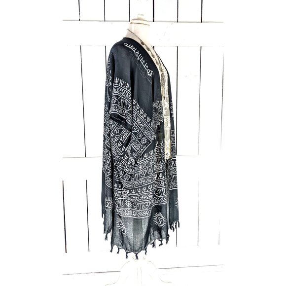 Black white om boho tassel cotton kimono cover up - Picture 3 of 4